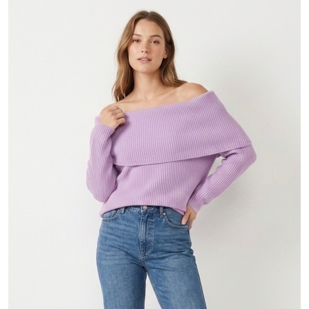 Outlander‎ Studio Off Shoulder Sweater Womens L Purple Lambswool Angora Ribbed